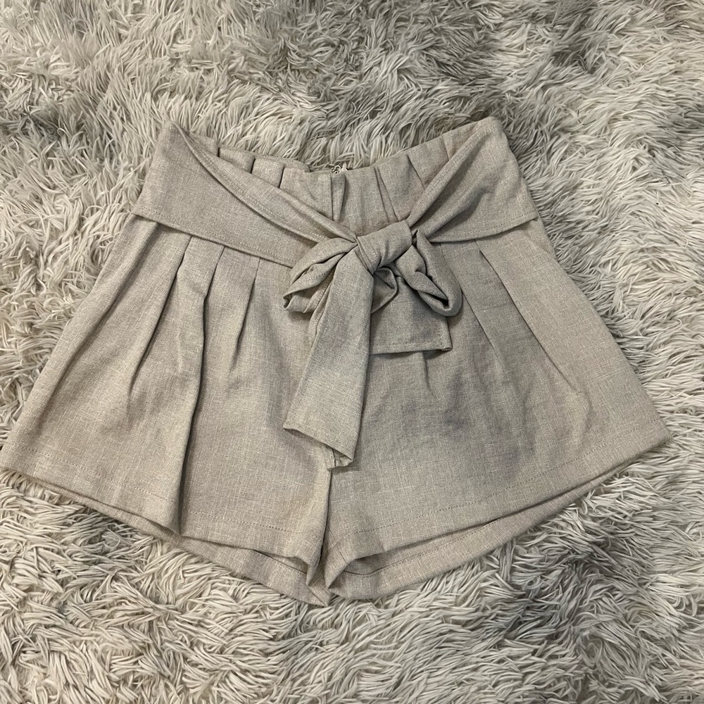 Grey Tie-Front Linen Shorts